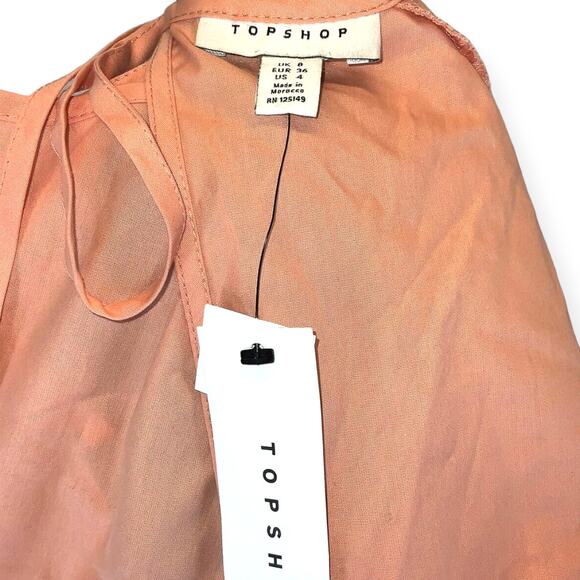 Topshop | NWT | Pink/Peach Poplin Tiered Ruffle Hem Puff Sleeve Open Back Dress - Picture 6 of 7